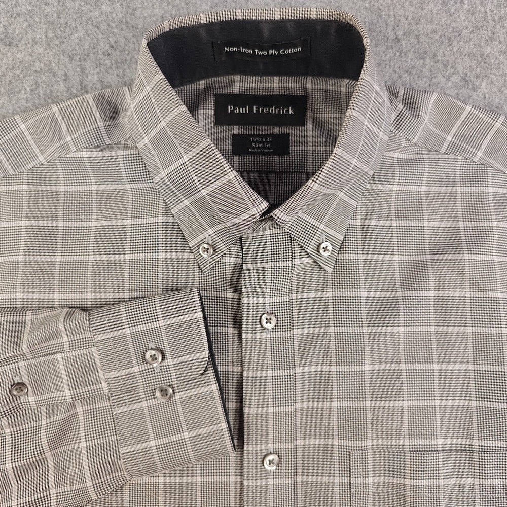 Paul Fredrick Dress Shirt Mens 15.5 33 Slim Fit Non Iron Gray Check Button Down